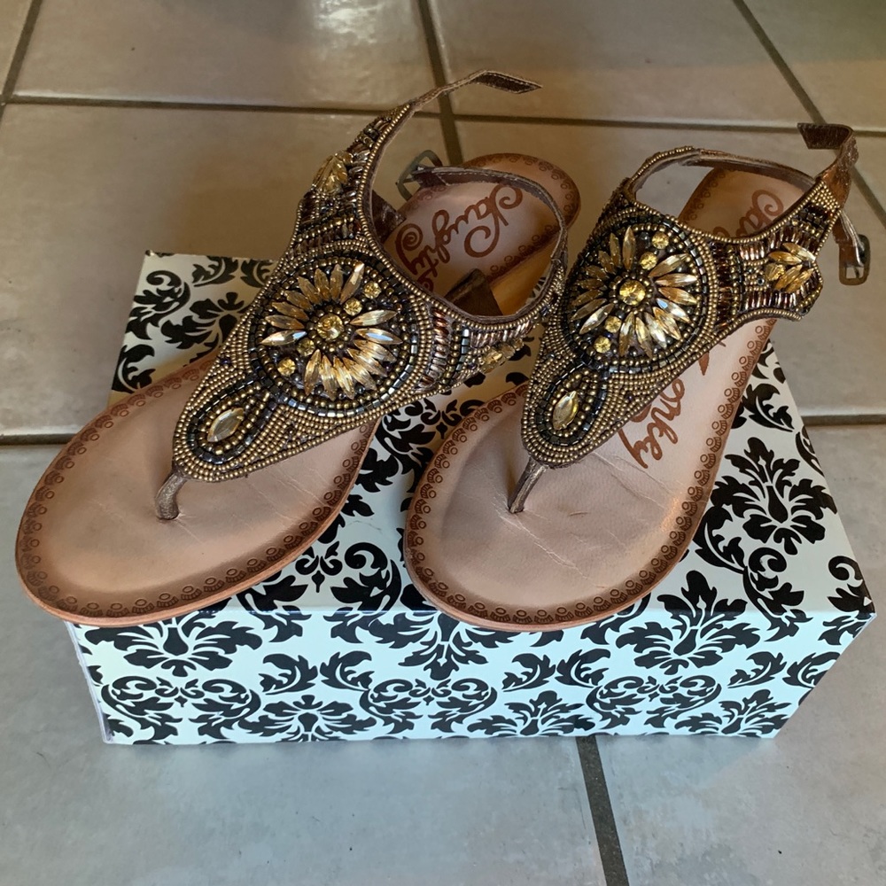 Brown and gold jeweled wedge sandals
